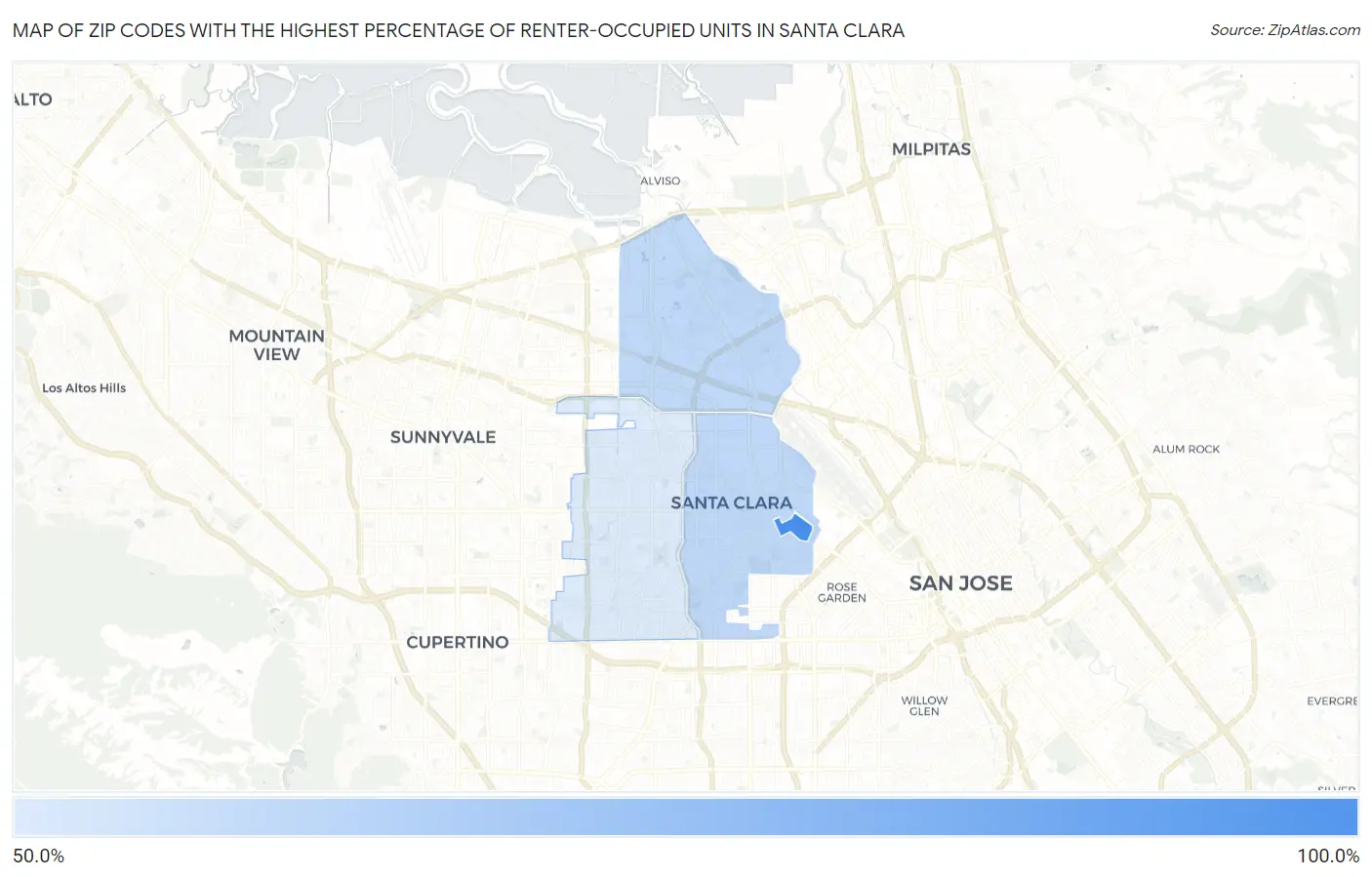 Zip Codes with the Highest Percentage of Renter-Occupied Units in Santa Clara Map