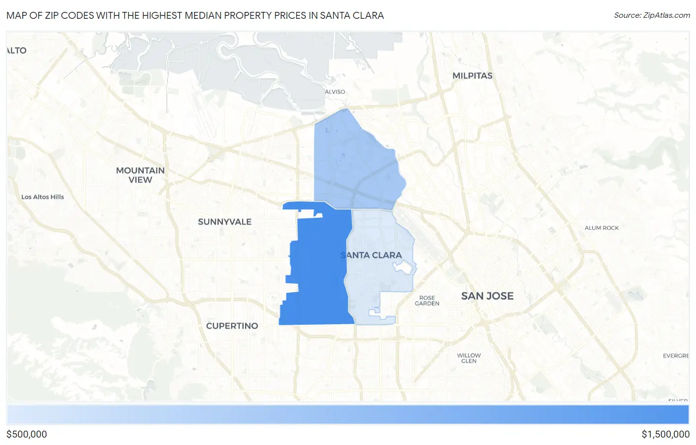 Zip Codes with the Highest Median Property Prices in Santa Clara Map