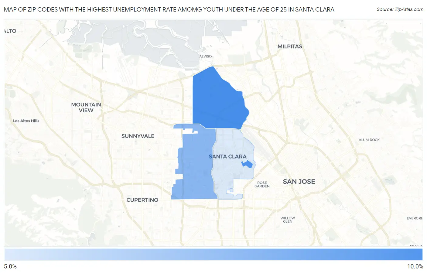 Zip Codes with the Highest Unemployment Rate Amomg Youth Under the Age of 25 in Santa Clara Map