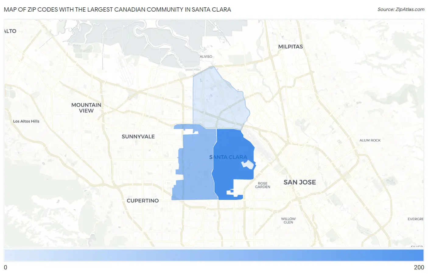 Zip Codes with the Largest Canadian Community in Santa Clara Map