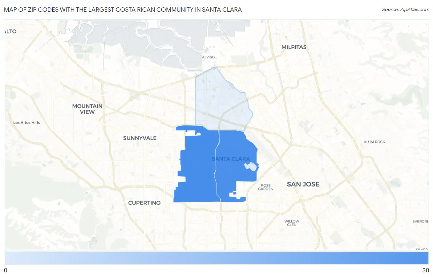 Zip Codes with the Largest Costa Rican Community in Santa Clara Map