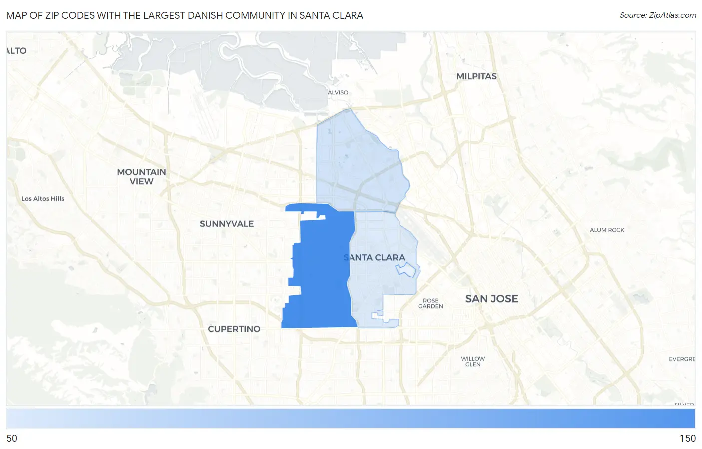 Zip Codes with the Largest Danish Community in Santa Clara Map