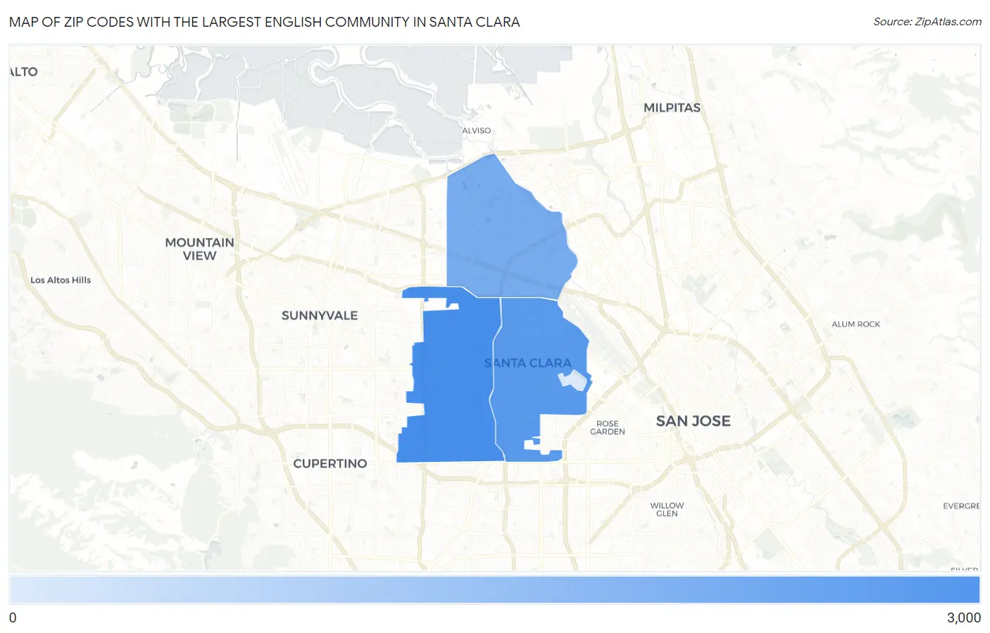 Zip Codes with the Largest English Community in Santa Clara Map
