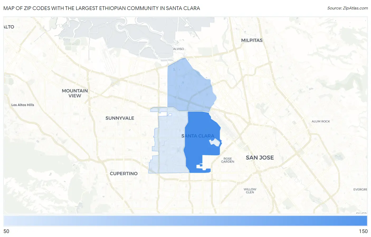 Zip Codes with the Largest Ethiopian Community in Santa Clara Map