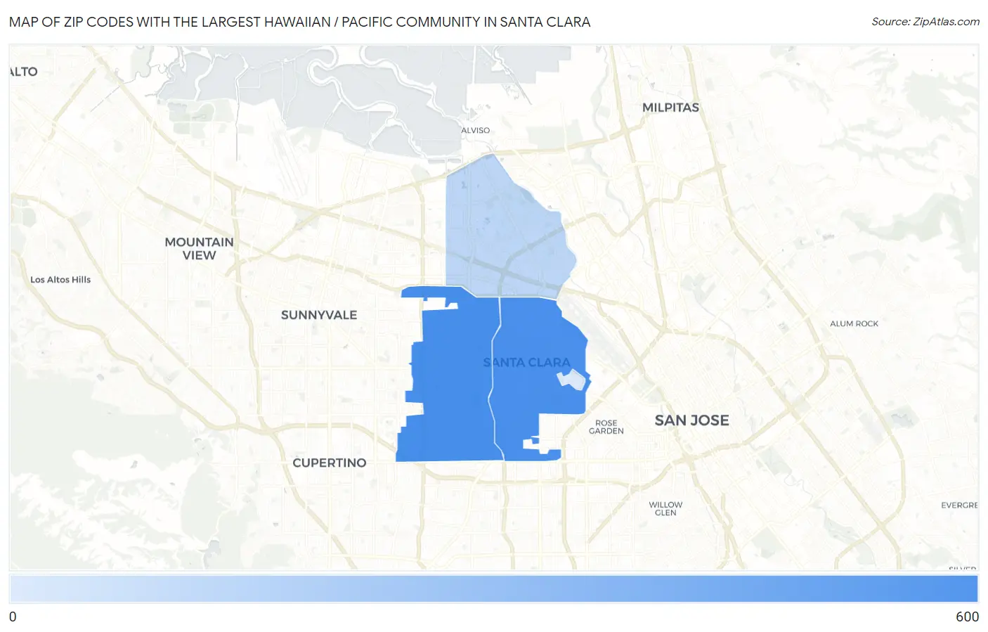 Zip Codes with the Largest Hawaiian / Pacific Community in Santa Clara Map