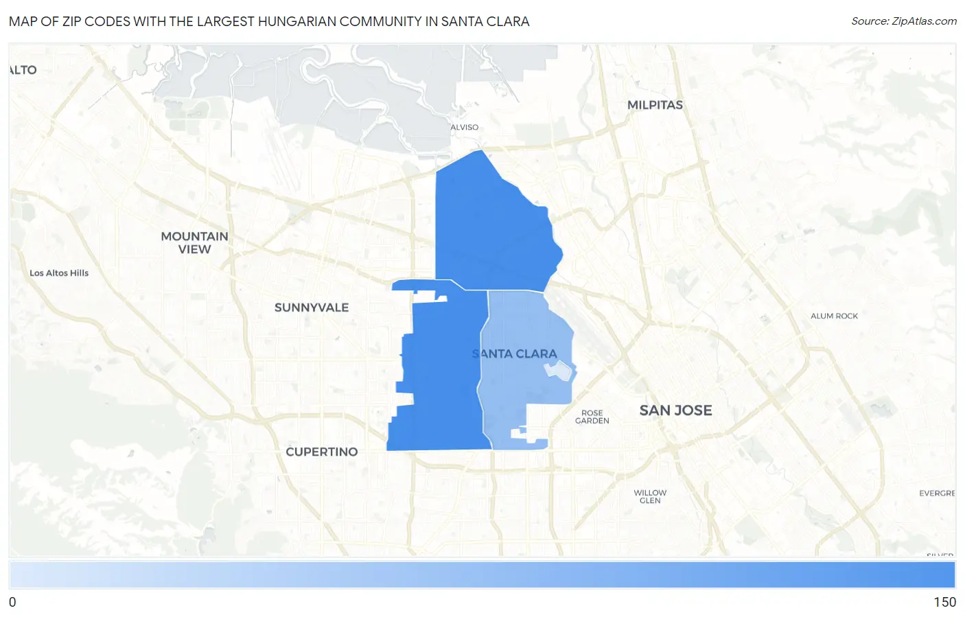 Zip Codes with the Largest Hungarian Community in Santa Clara Map