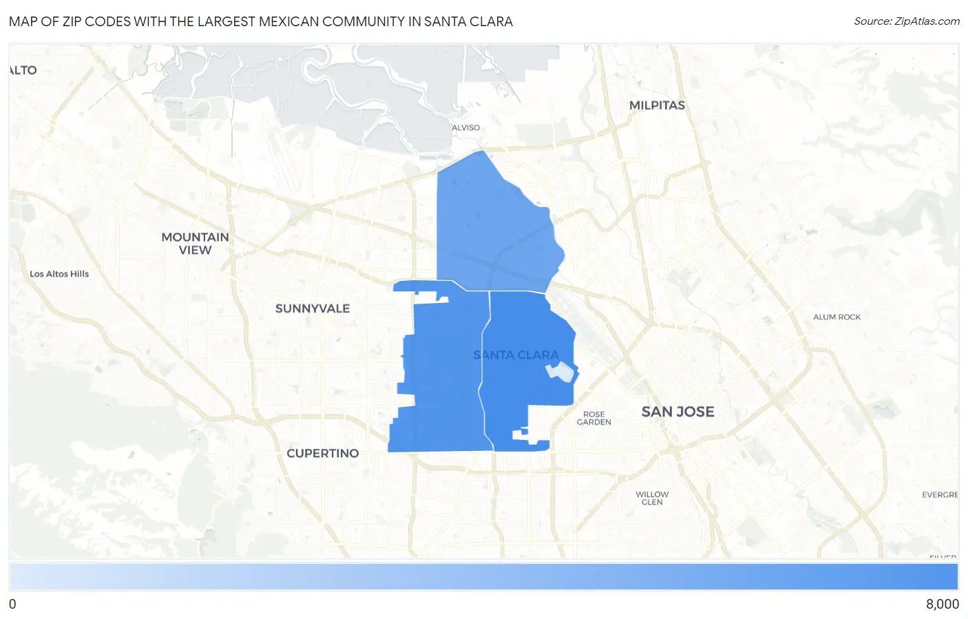 Zip Codes with the Largest Mexican Community in Santa Clara Map