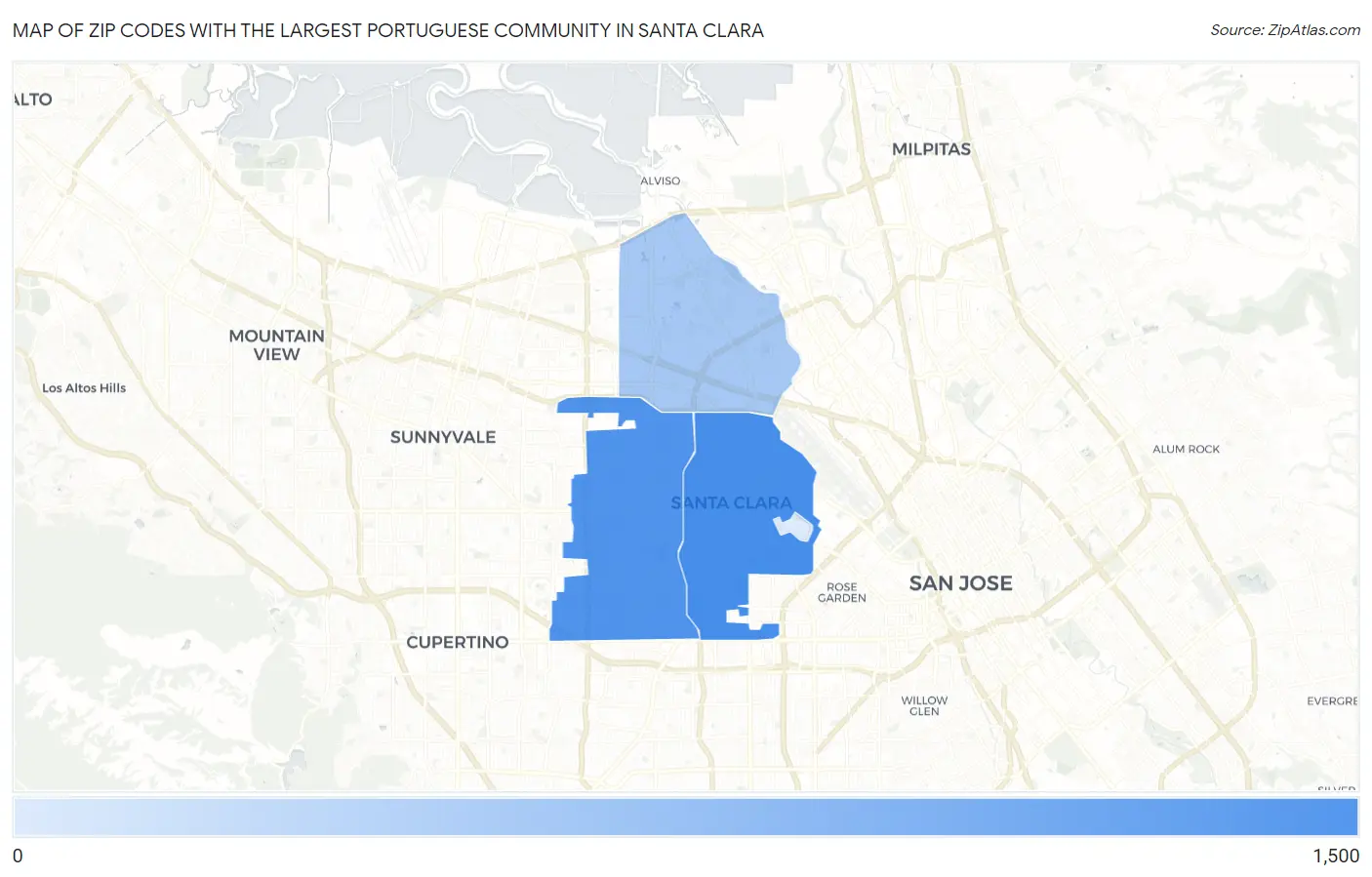 Zip Codes with the Largest Portuguese Community in Santa Clara Map