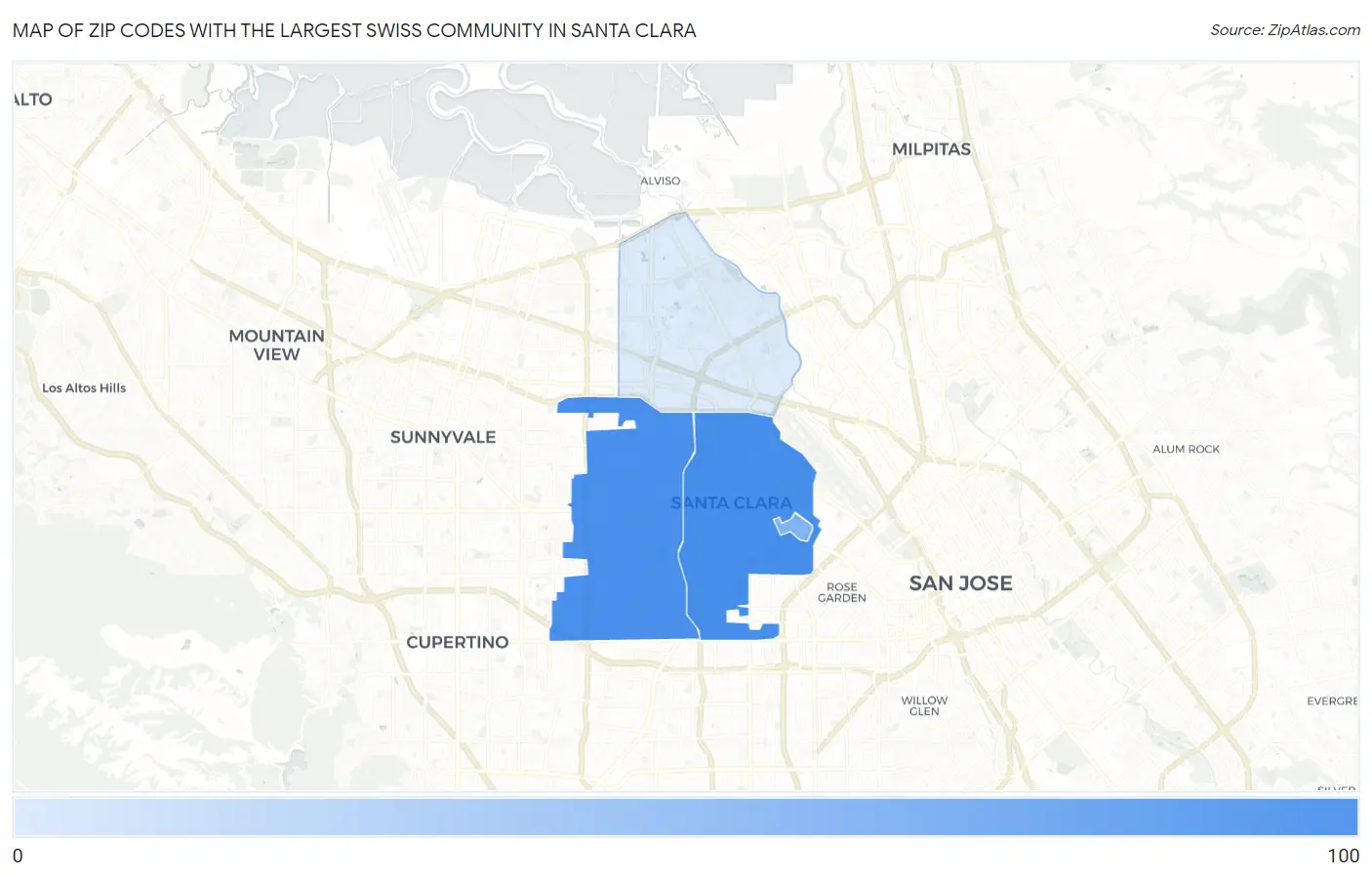 Zip Codes with the Largest Swiss Community in Santa Clara Map
