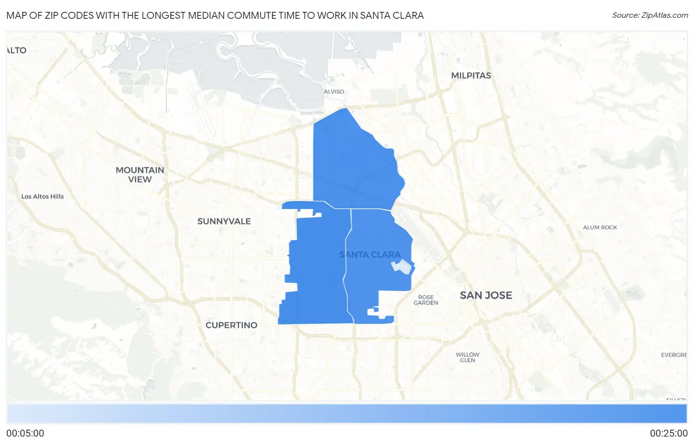 Zip Codes with the Longest Median Commute Time to Work in Santa Clara Map