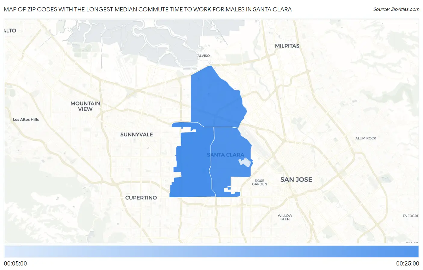 Zip Codes with the Longest Median Commute Time to Work for Males in Santa Clara Map