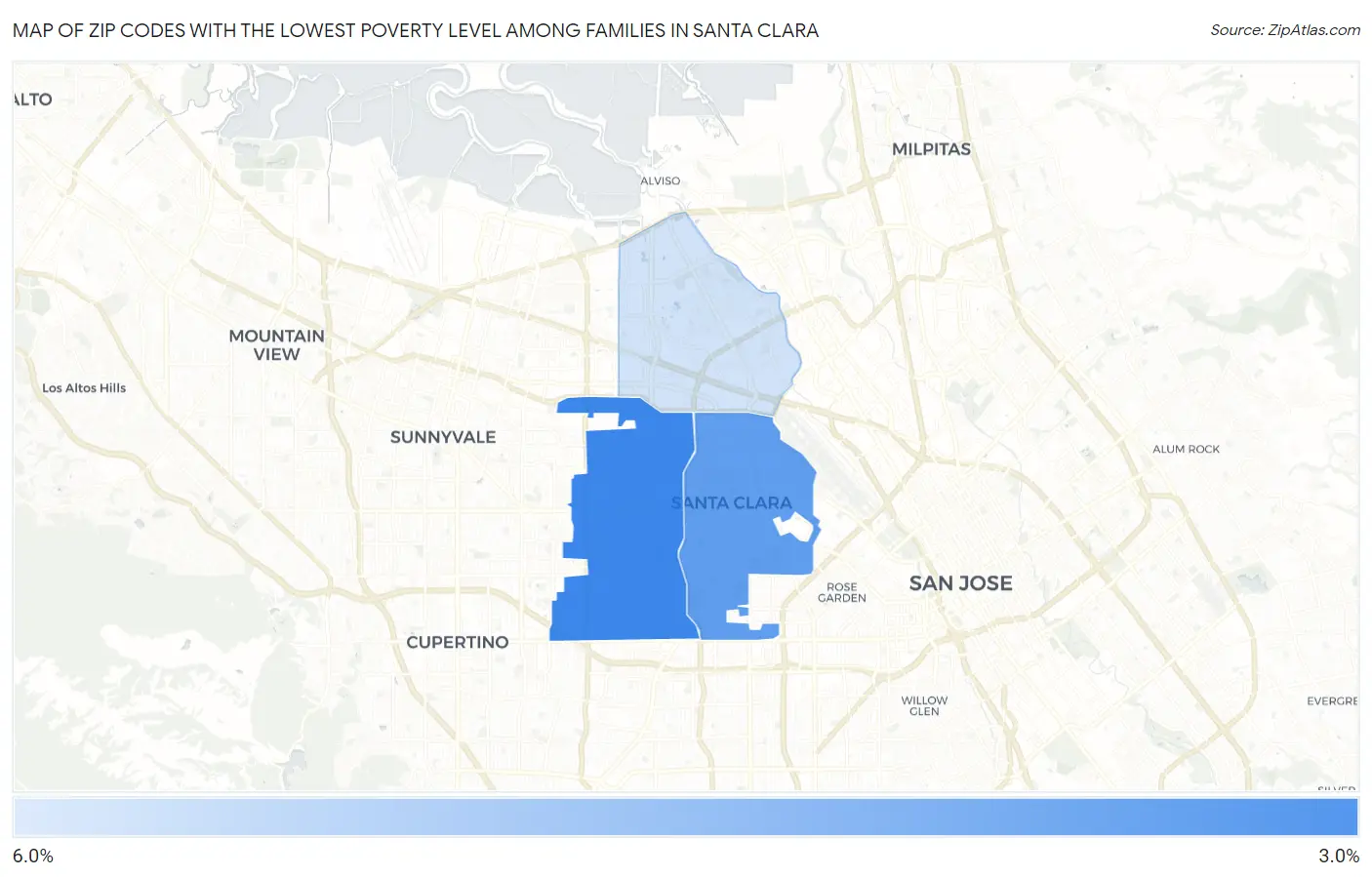 Zip Codes with the Lowest Poverty Level Among Families in Santa Clara Map