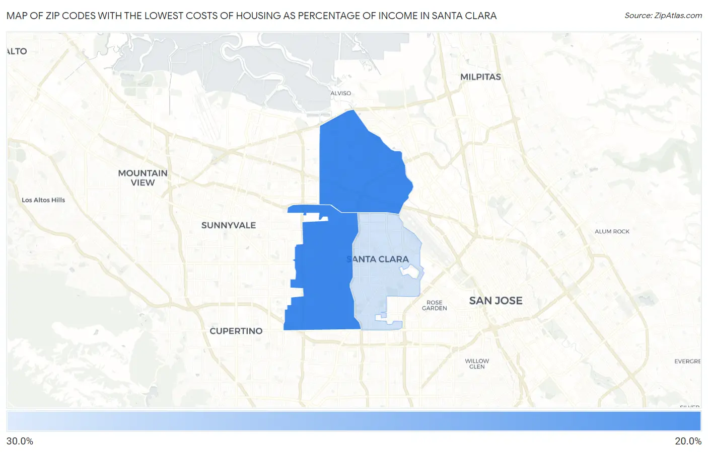 Zip Codes with the Lowest Costs of Housing as Percentage of Income in Santa Clara Map