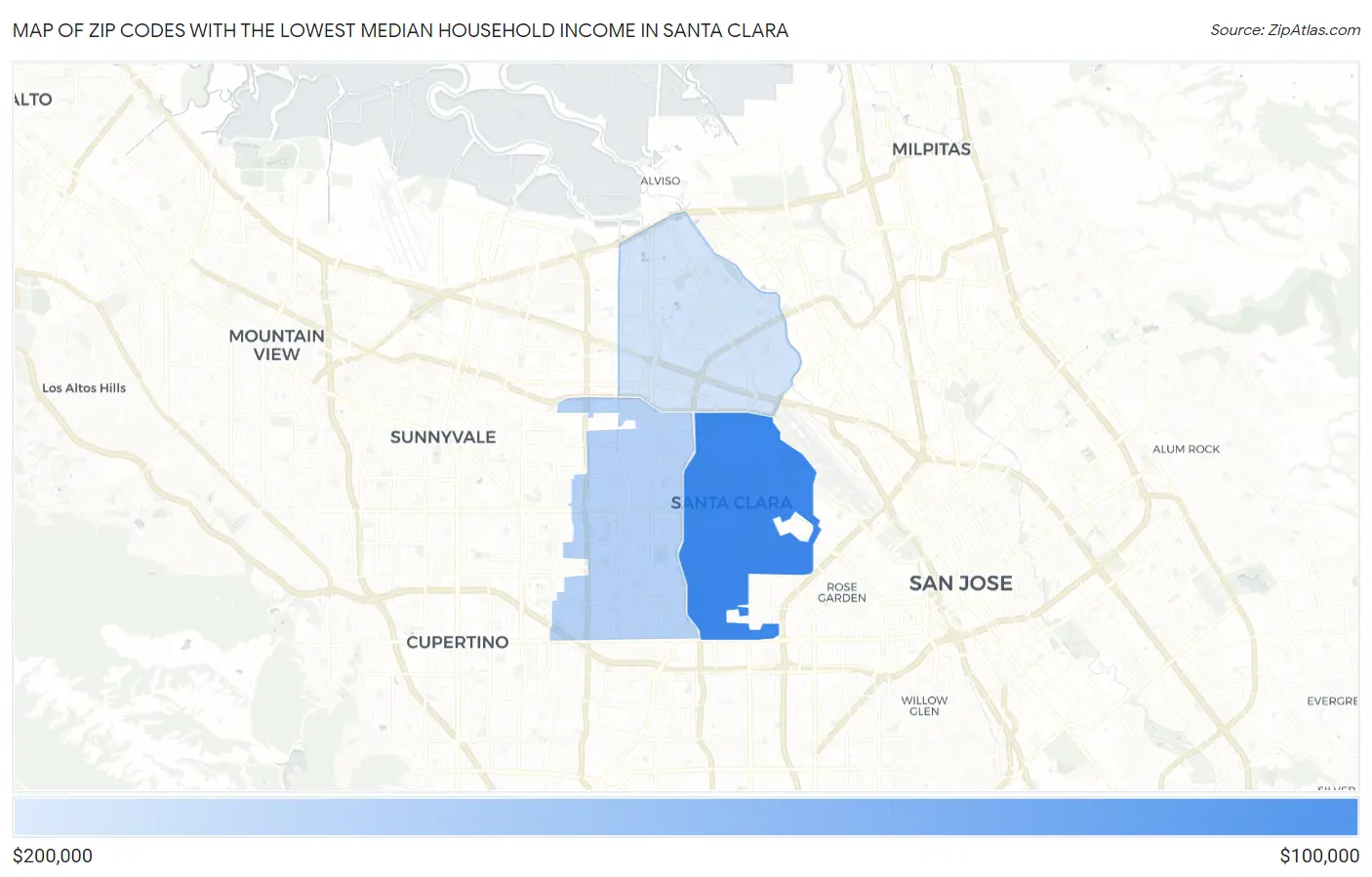 Zip Codes with the Lowest Median Household Income in Santa Clara Map
