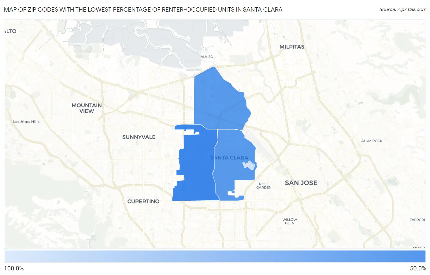 Zip Codes with the Lowest Percentage of Renter-Occupied Units in Santa Clara Map