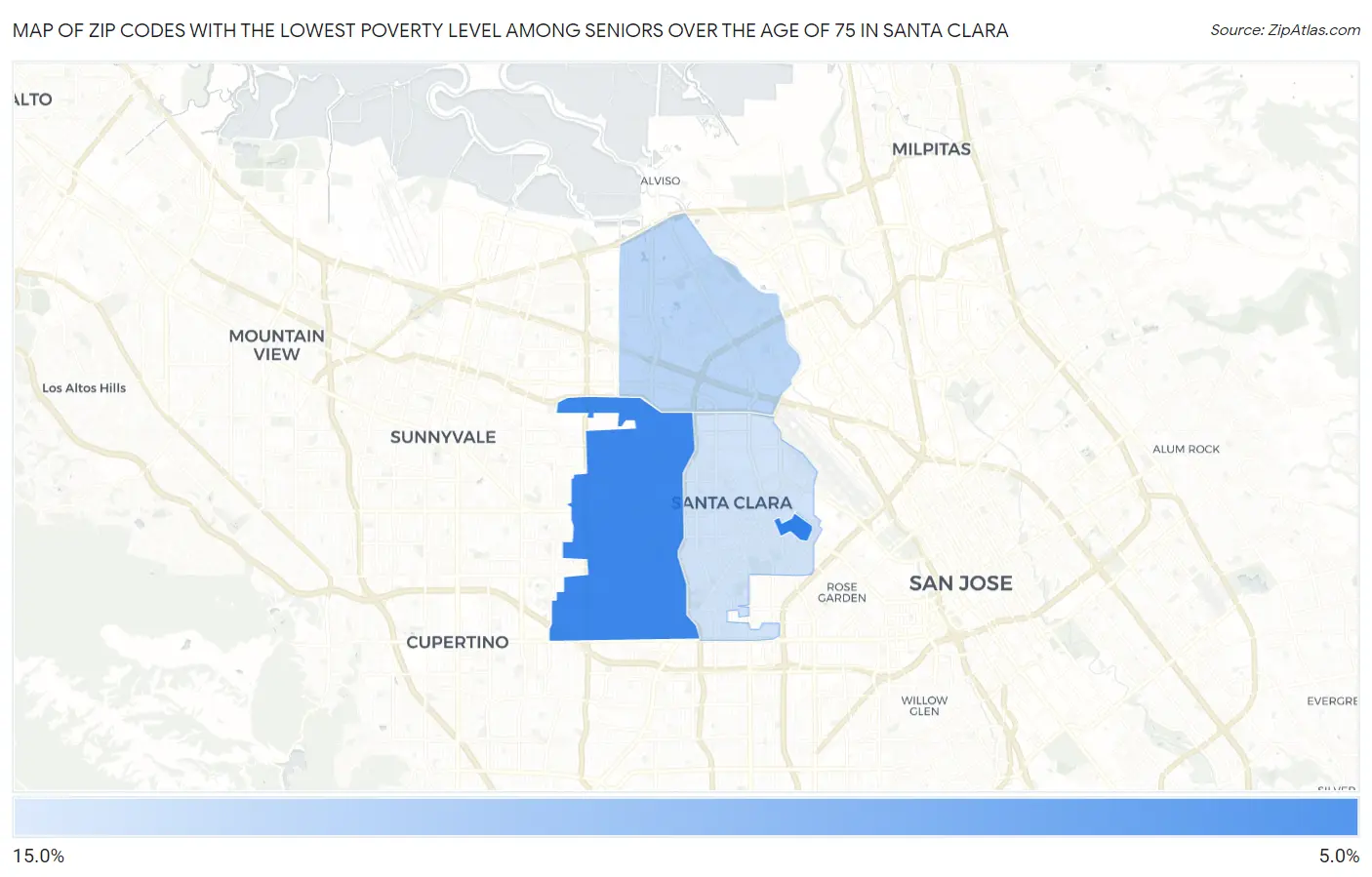Zip Codes with the Lowest Poverty Level Among Seniors Over the Age of 75 in Santa Clara Map
