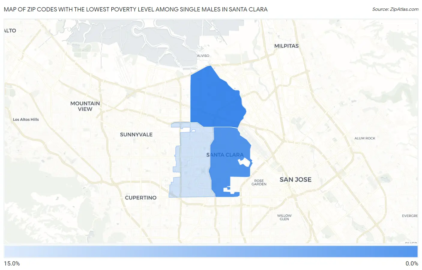 Zip Codes with the Lowest Poverty Level Among Single Males in Santa Clara Map