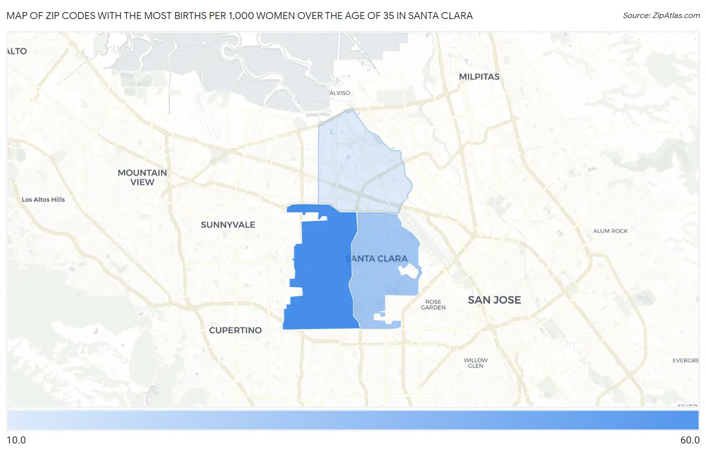 Zip Codes with the Most Births per 1,000 Women Over the Age of 35 in Santa Clara Map