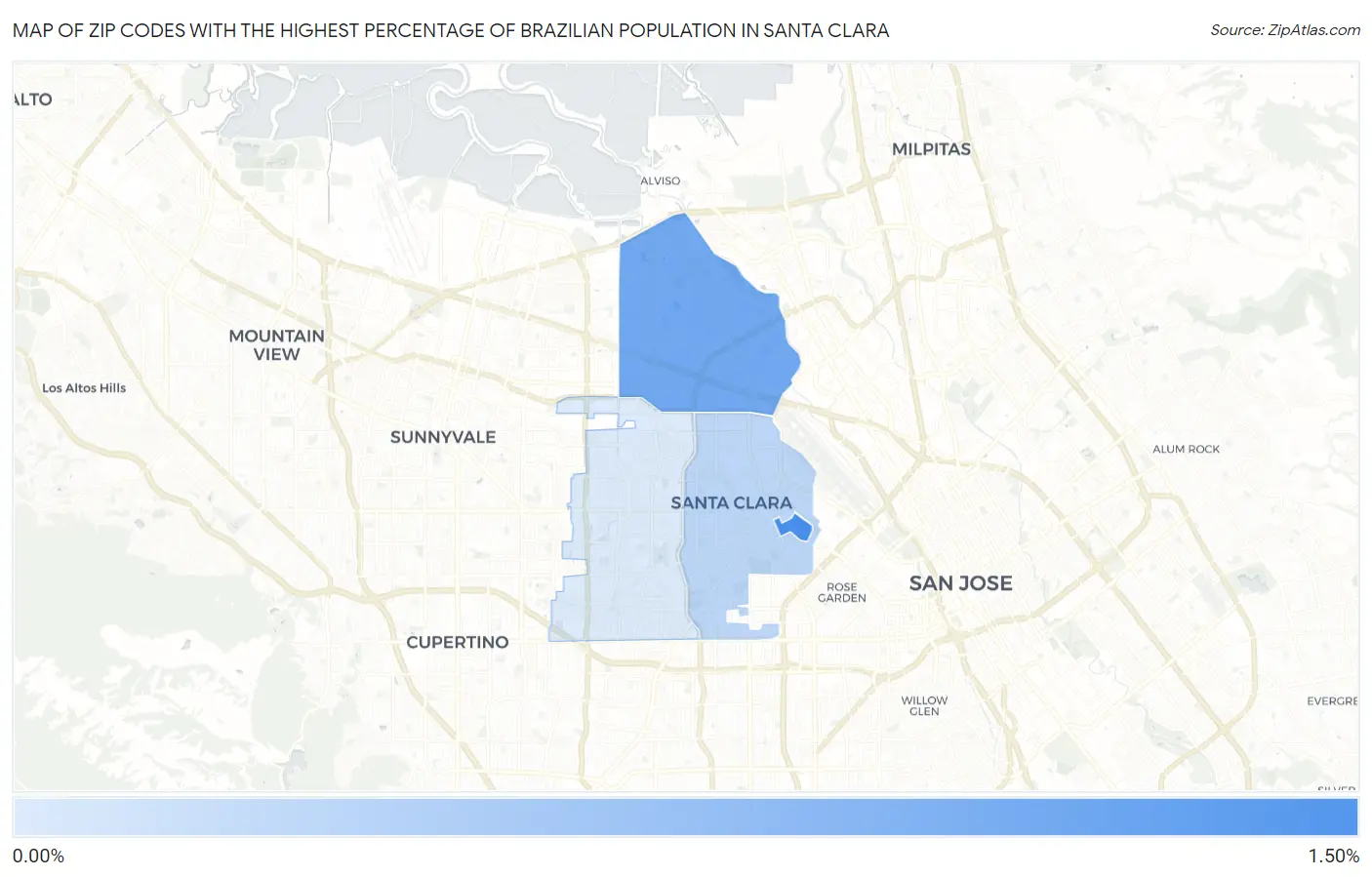 Zip Codes with the Highest Percentage of Brazilian Population in Santa Clara Map