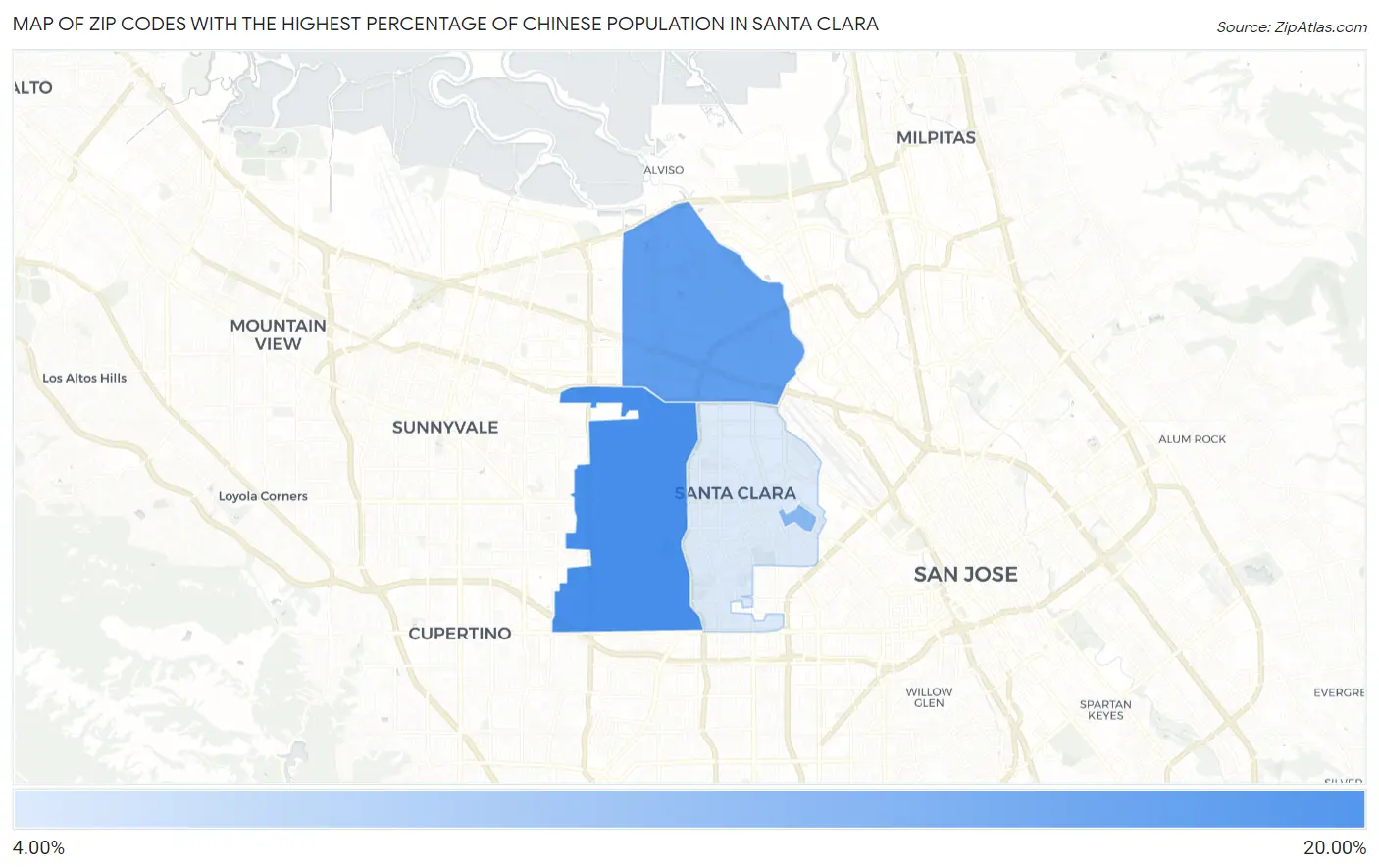 Zip Codes with the Highest Percentage of Chinese Population in Santa Clara Map