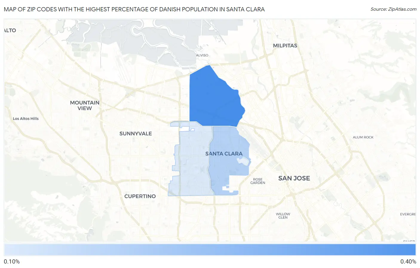 Zip Codes with the Highest Percentage of Danish Population in Santa Clara Map