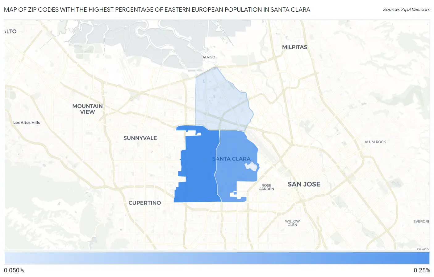 Zip Codes with the Highest Percentage of Eastern European Population in Santa Clara Map