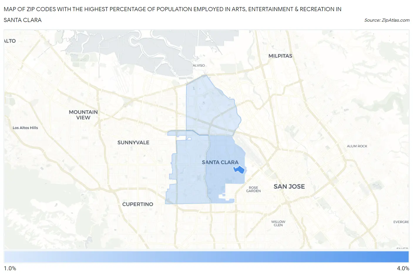 Zip Codes with the Highest Percentage of Population Employed in Arts, Entertainment & Recreation in Santa Clara Map