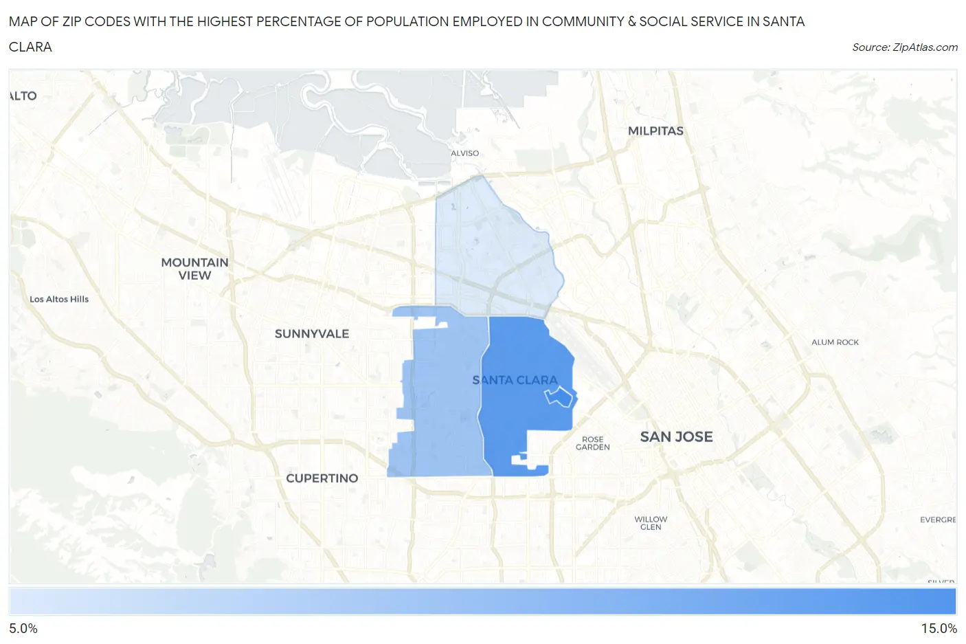 Zip Codes with the Highest Percentage of Population Employed in Community & Social Service  in Santa Clara Map