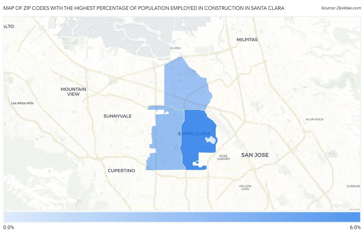 Zip Codes with the Highest Percentage of Population Employed in Construction in Santa Clara Map