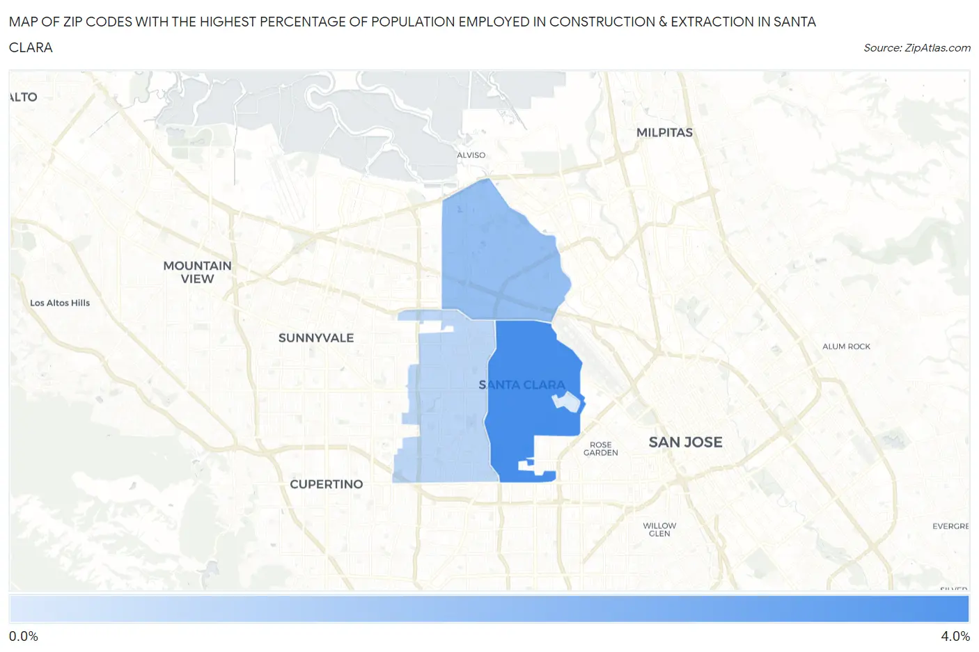 Zip Codes with the Highest Percentage of Population Employed in Construction & Extraction in Santa Clara Map