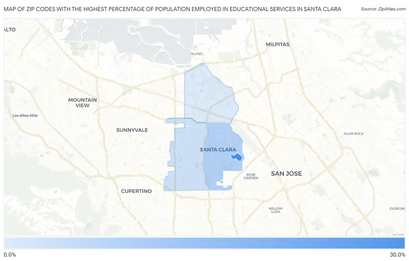 Zip Codes with the Highest Percentage of Population Employed in Educational Services in Santa Clara Map