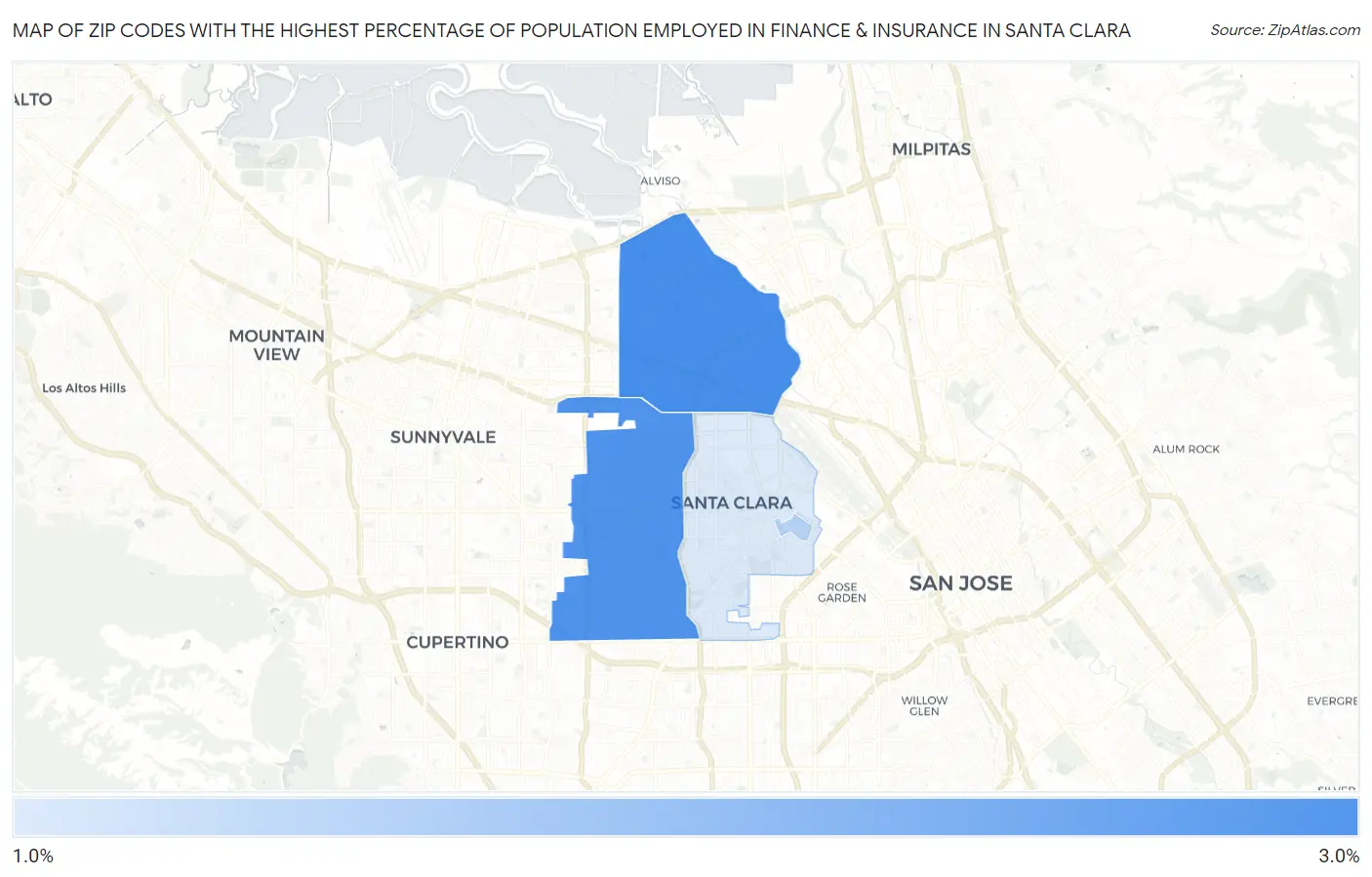 Zip Codes with the Highest Percentage of Population Employed in Finance & Insurance in Santa Clara Map