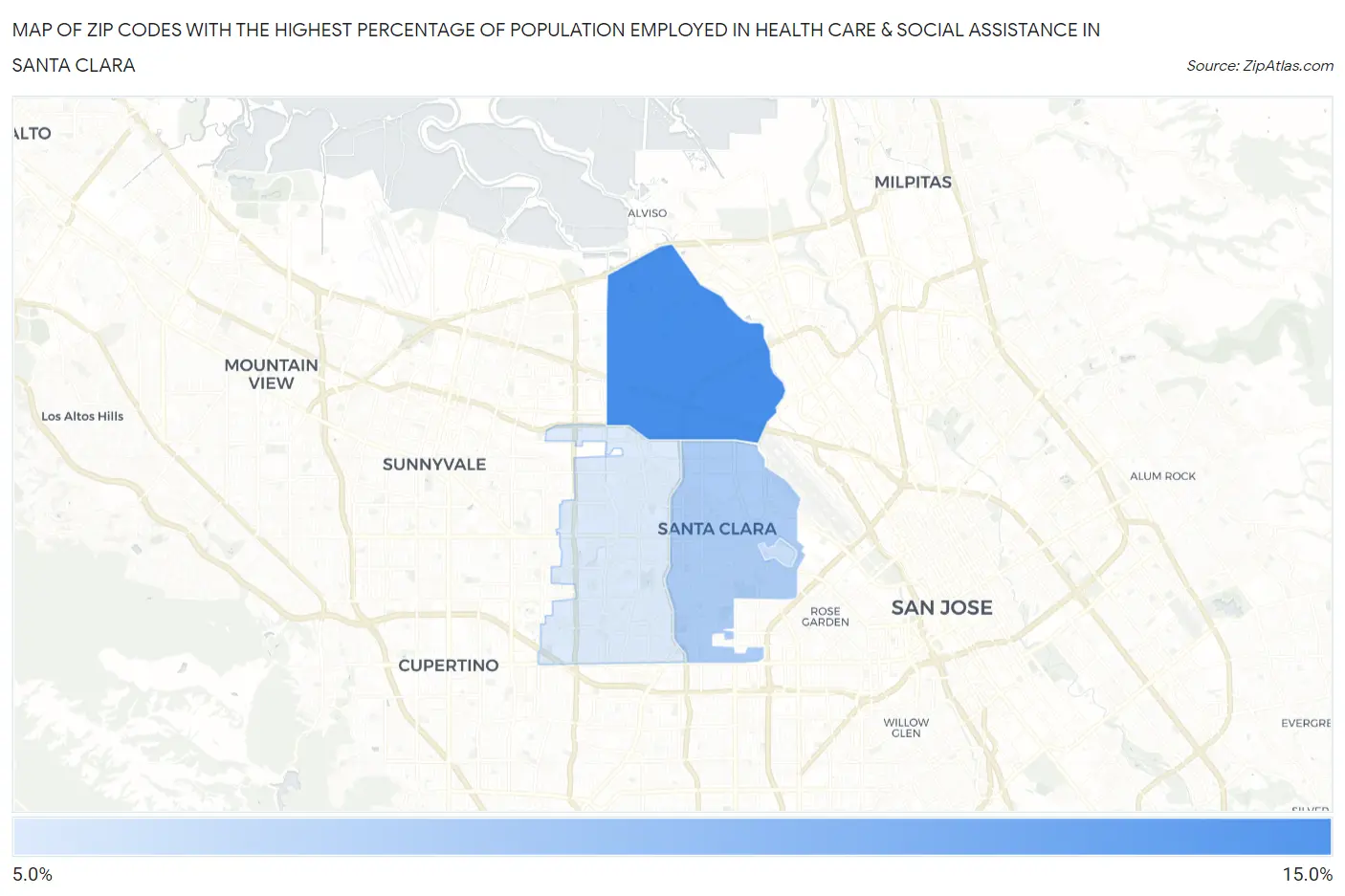 Zip Codes with the Highest Percentage of Population Employed in Health Care & Social Assistance in Santa Clara Map