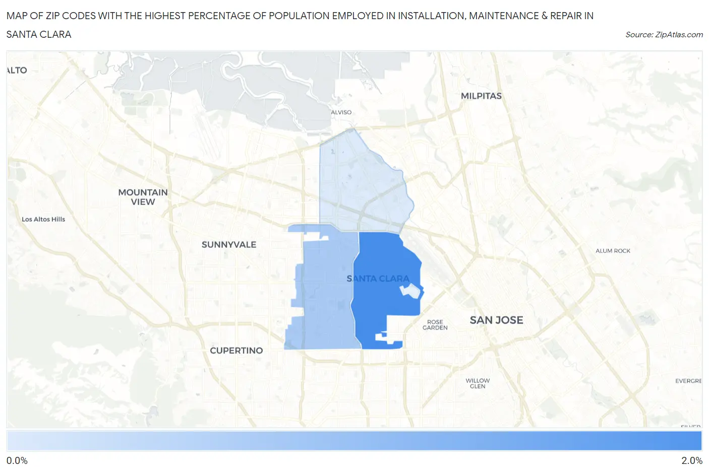 Zip Codes with the Highest Percentage of Population Employed in Installation, Maintenance & Repair in Santa Clara Map
