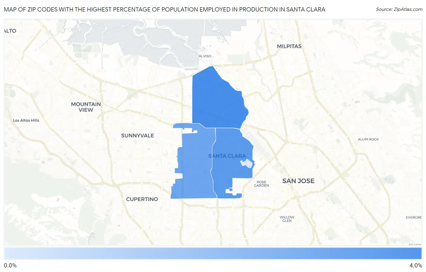 Zip Codes with the Highest Percentage of Population Employed in Production in Santa Clara Map