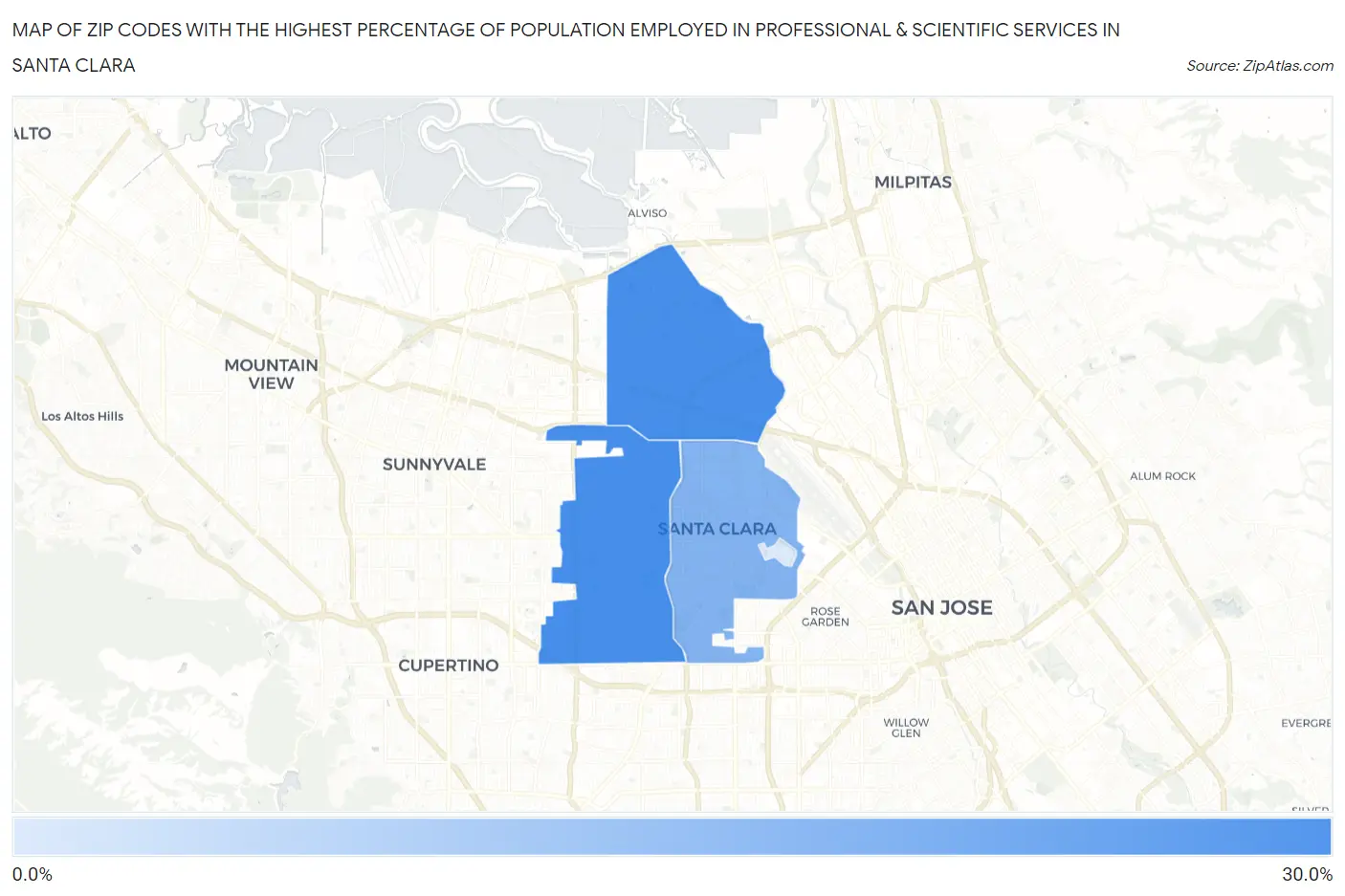 Zip Codes with the Highest Percentage of Population Employed in Professional & Scientific Services in Santa Clara Map