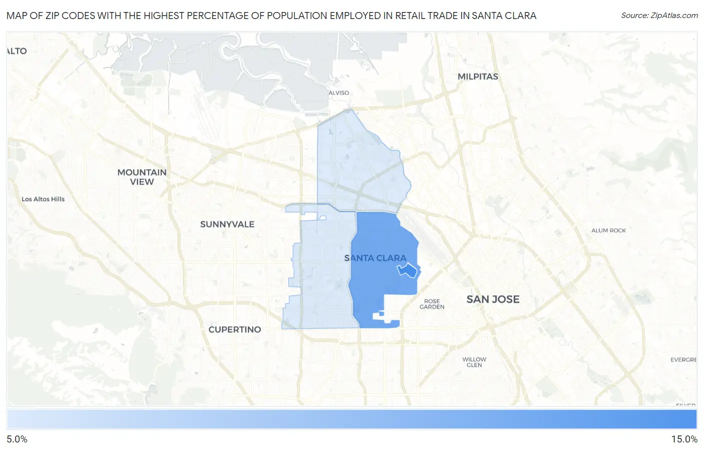 Zip Codes with the Highest Percentage of Population Employed in Retail Trade in Santa Clara Map