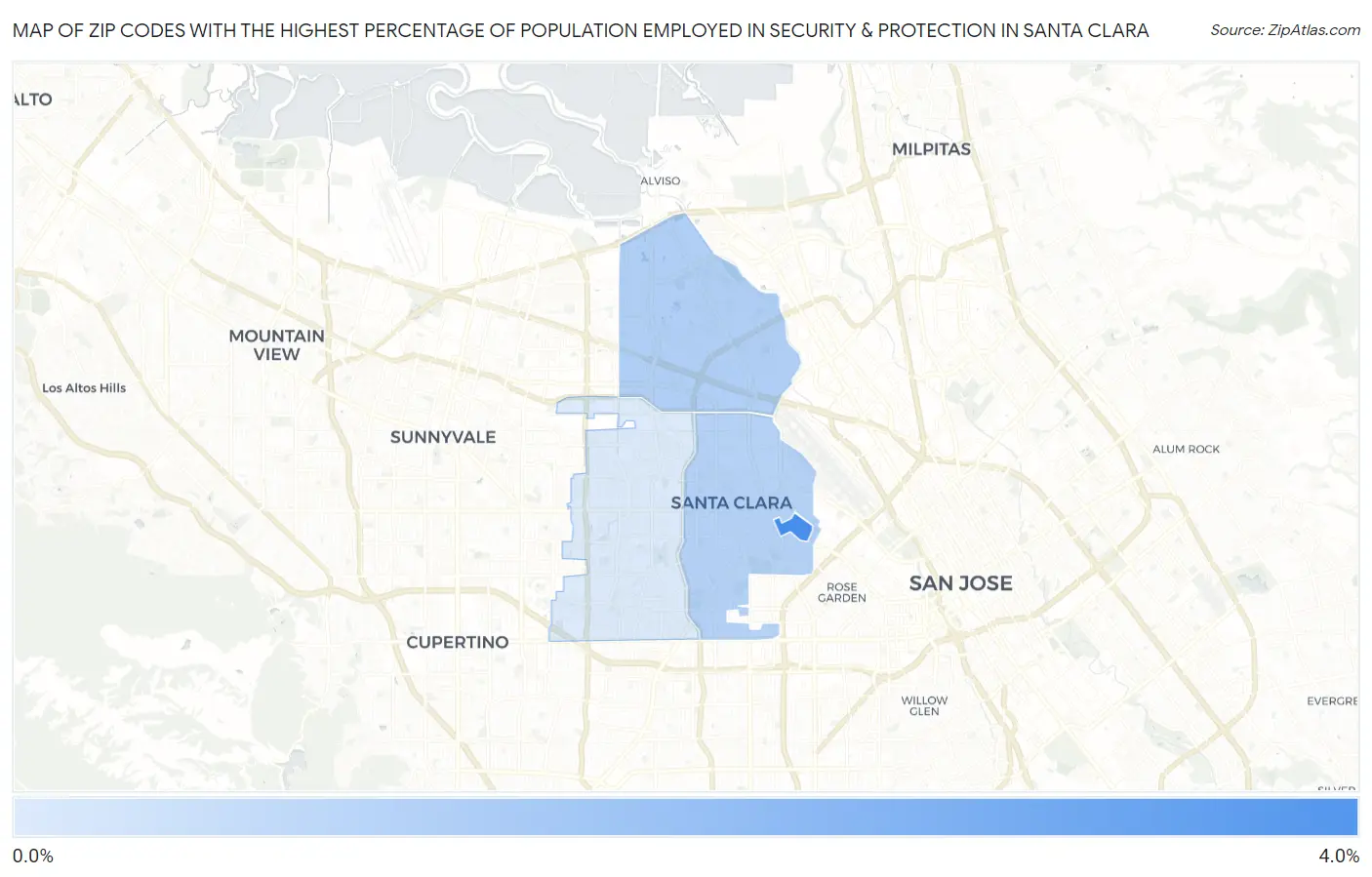 Zip Codes with the Highest Percentage of Population Employed in Security & Protection in Santa Clara Map