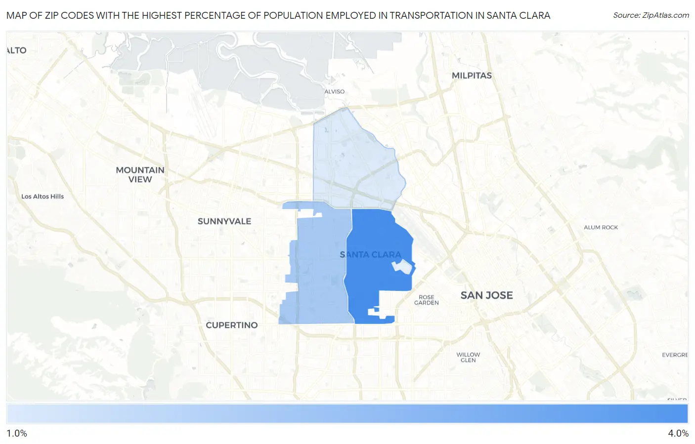 Zip Codes with the Highest Percentage of Population Employed in Transportation in Santa Clara Map