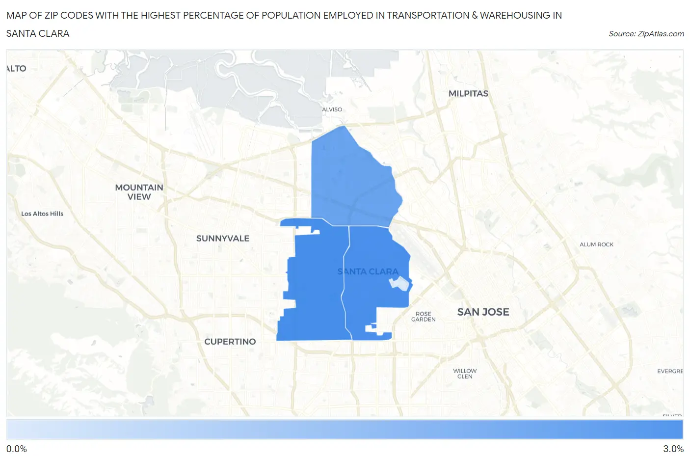 Zip Codes with the Highest Percentage of Population Employed in Transportation & Warehousing in Santa Clara Map