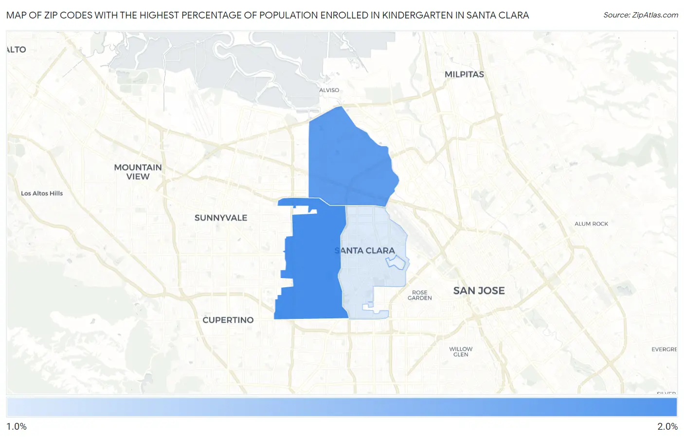 Zip Codes with the Highest Percentage of Population Enrolled in Kindergarten in Santa Clara Map
