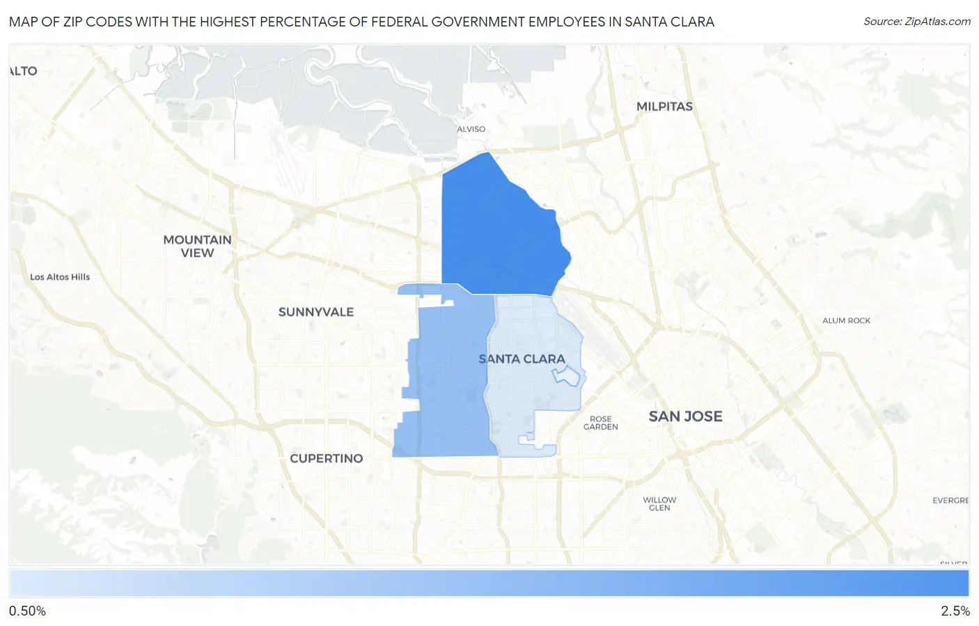 Zip Codes with the Highest Percentage of Federal Government Employees in Santa Clara Map