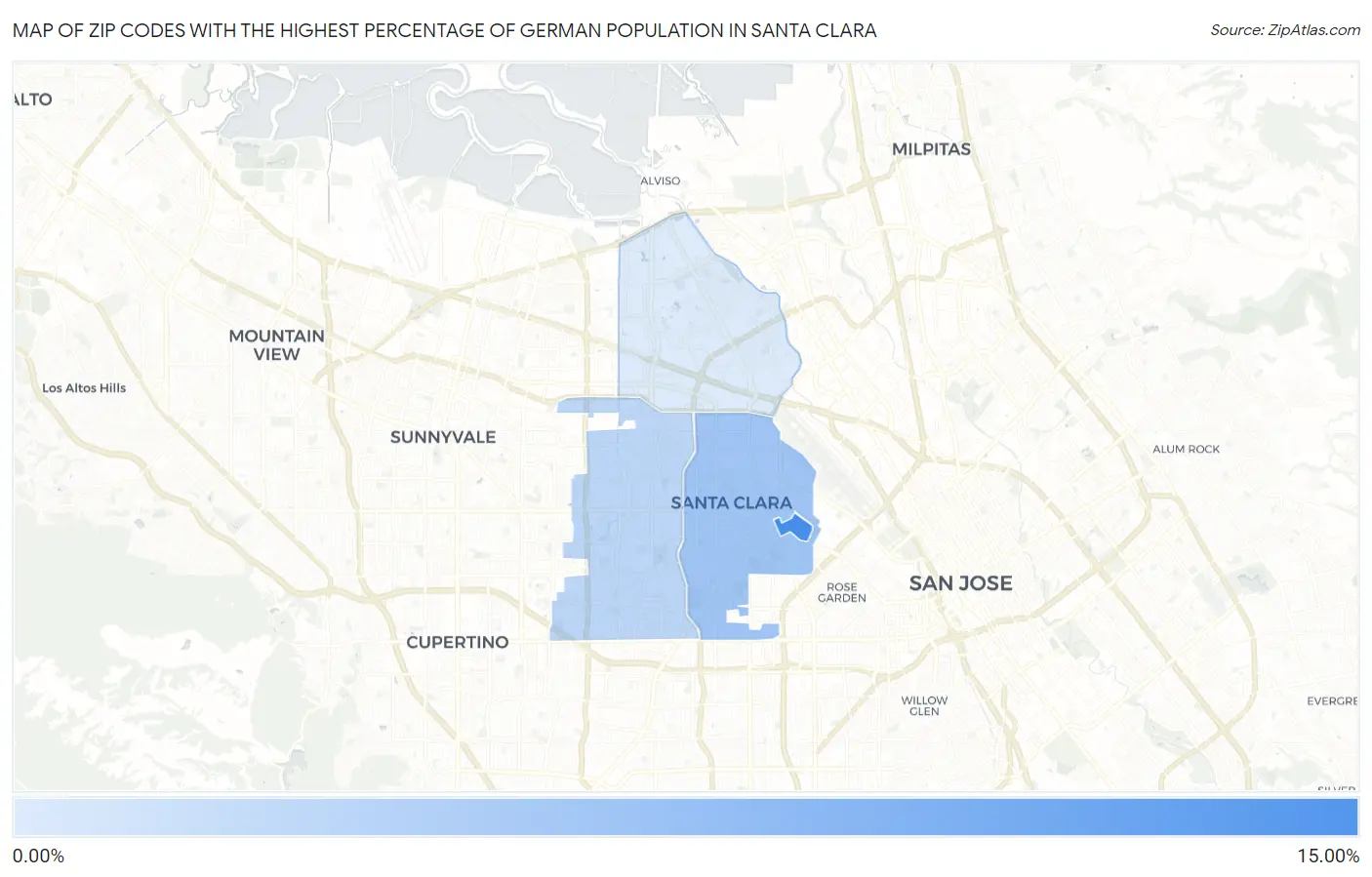 Zip Codes with the Highest Percentage of German Population in Santa Clara Map