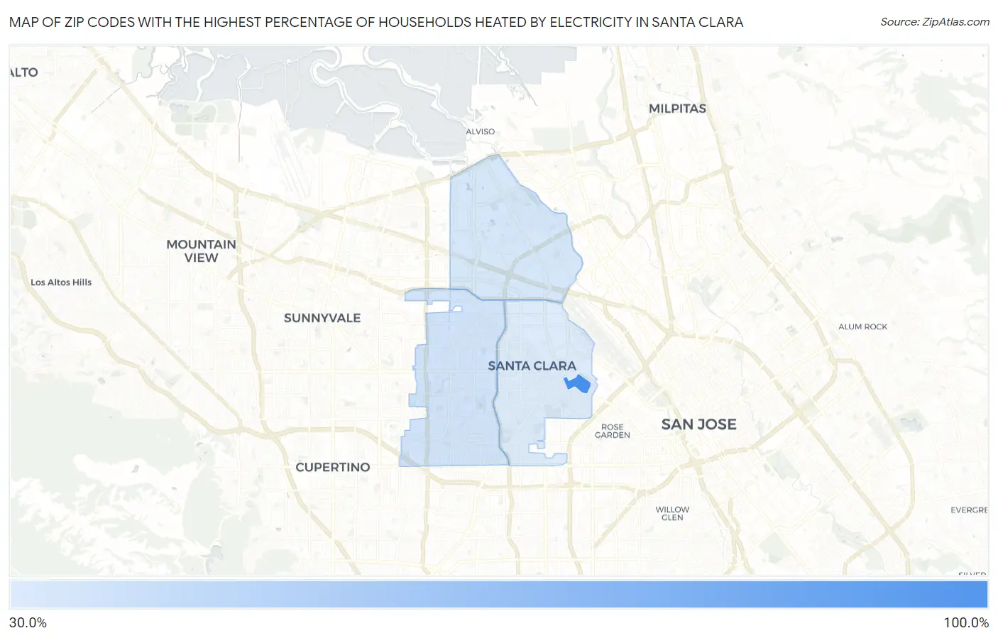Zip Codes with the Highest Percentage of Households Heated by Electricity in Santa Clara Map