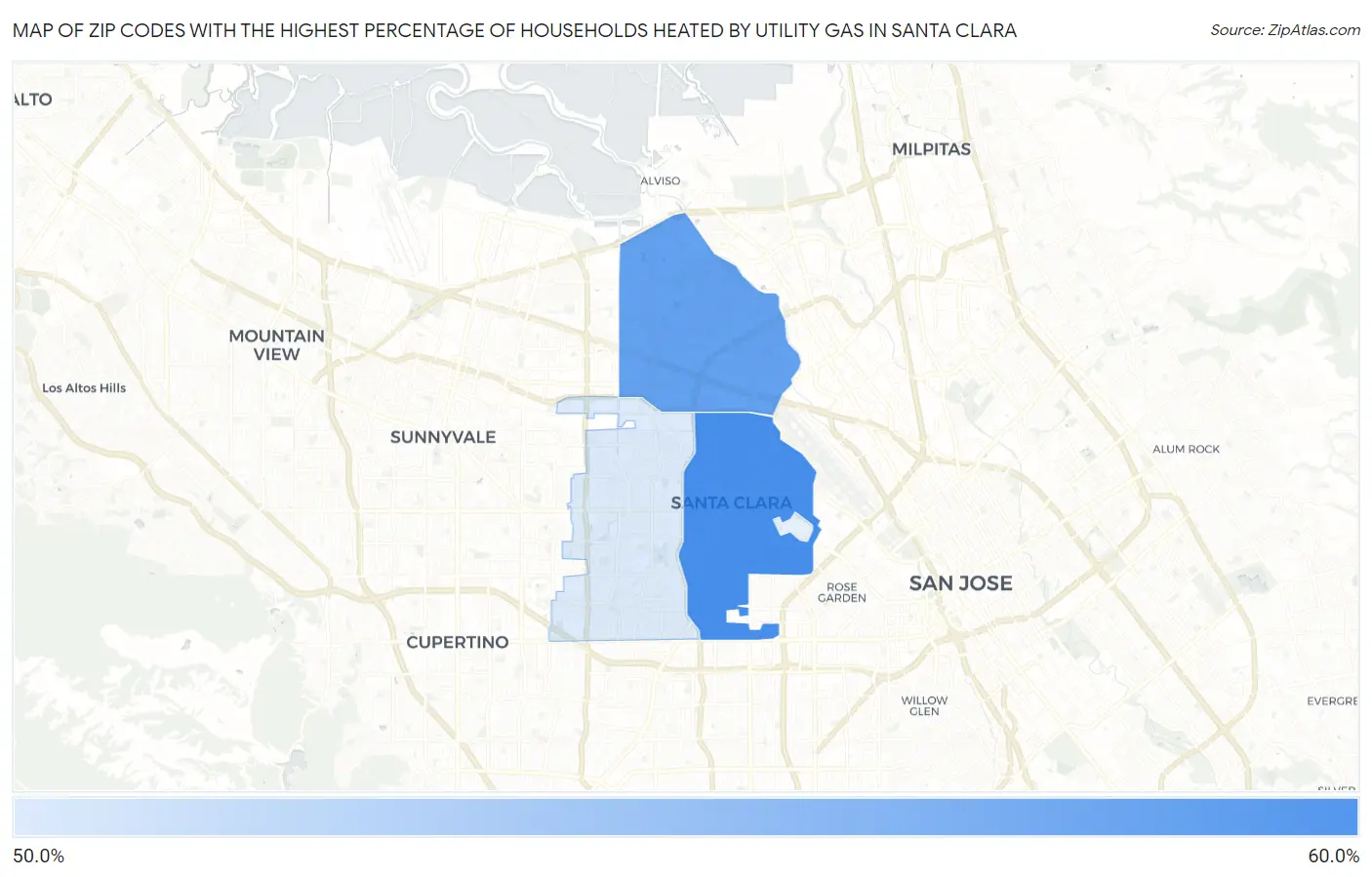 Zip Codes with the Highest Percentage of Households Heated by Utility Gas in Santa Clara Map