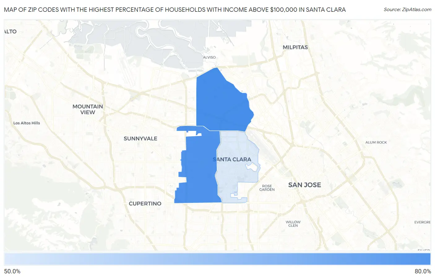 Zip Codes with the Highest Percentage of Households with Income Above $100,000 in Santa Clara Map