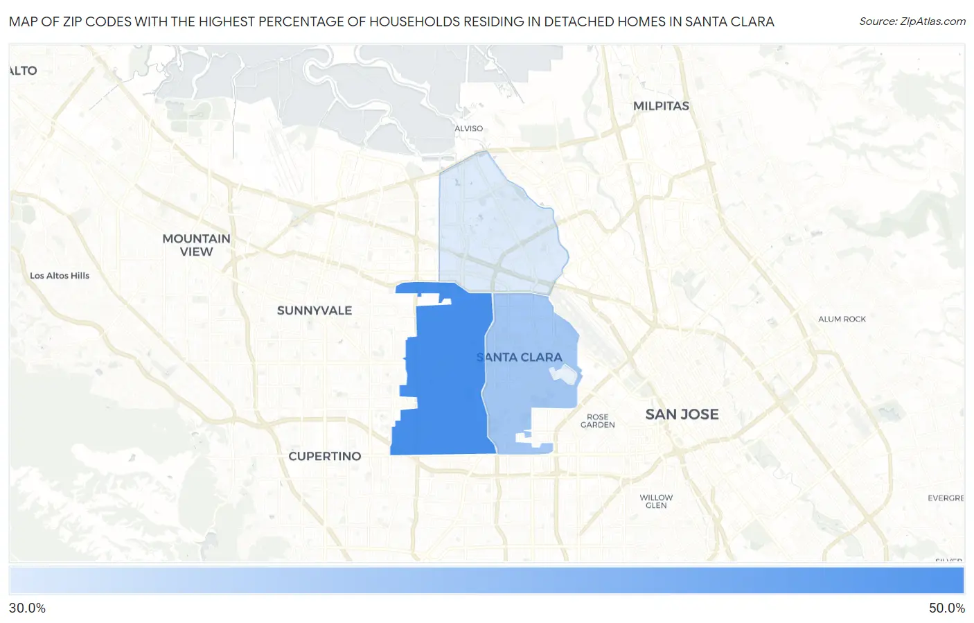 Zip Codes with the Highest Percentage of Households Residing in Detached Homes in Santa Clara Map
