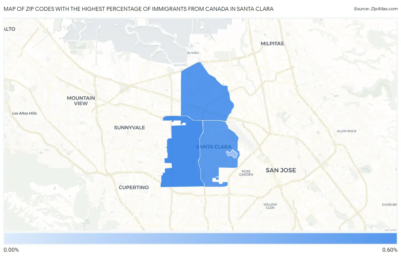 Zip Codes with the Highest Percentage of Immigrants from Canada in Santa Clara Map