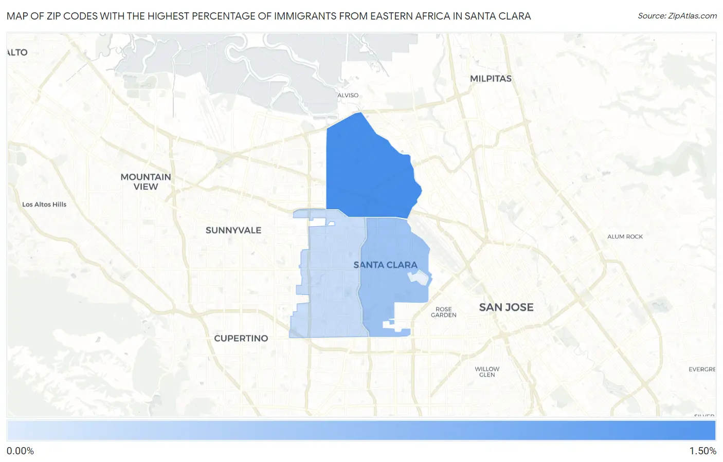 Zip Codes with the Highest Percentage of Immigrants from Eastern Africa in Santa Clara Map