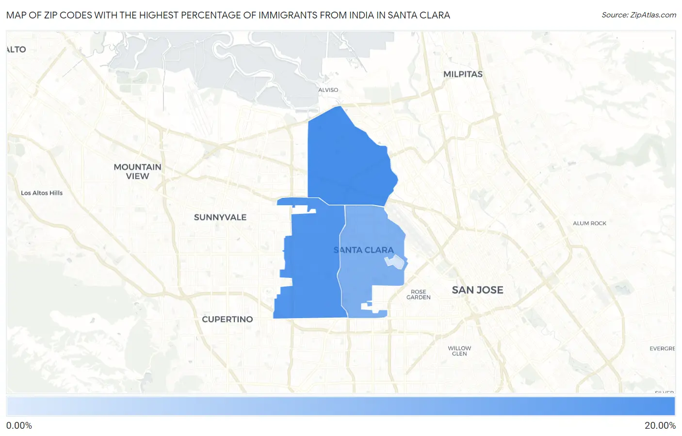 Zip Codes with the Highest Percentage of Immigrants from India in Santa Clara Map